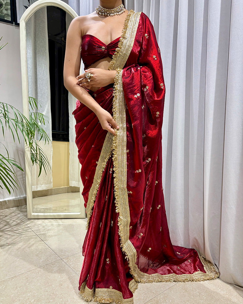 Maroon Color Space Satin Embroidered Saree