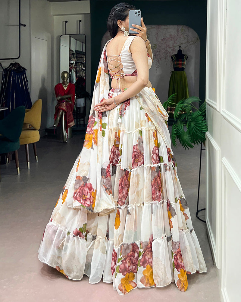 White Color Lightweight Chiffon Printed Lehenga Choli