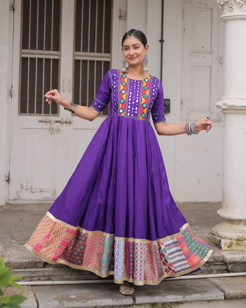 Colorful Border Purple Color Roman Silk Gamthi Work Navratri Gown
