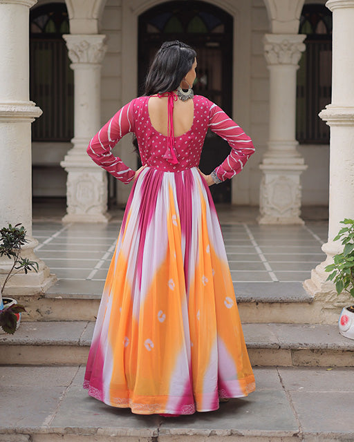 Pink Color Faux Georgette Bandhej Print Navratri Gown