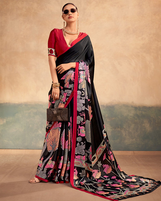 Red Color Satin Silk Kalamkari Printed Saree