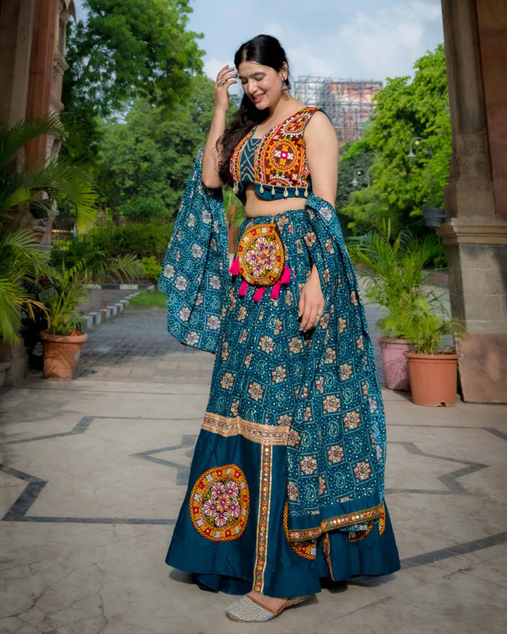 Teal Green Color Pure Rayon Printed Navratri Lehenga Choli