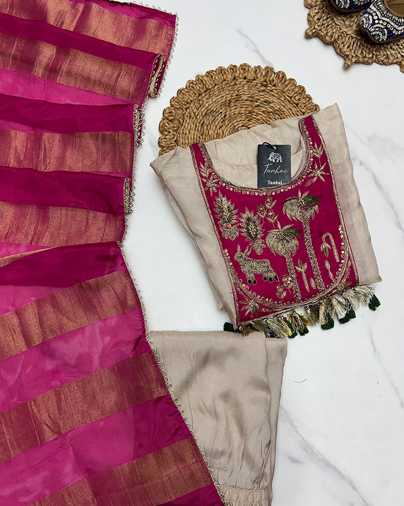 Cream Color Soft Organza Three Piece Kurti Suit