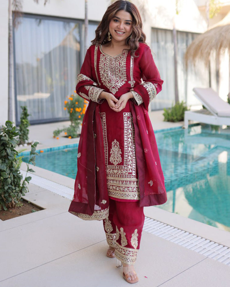 Wine Maroon Color Fendi Silk Embroidered Kurti Suit