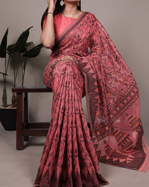 Orange Color Thread Weaving Poly Cotton Saree