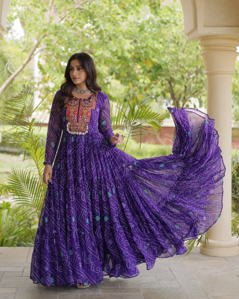 Purple Color Bandhani Print Faux Georgette Navratri Gown