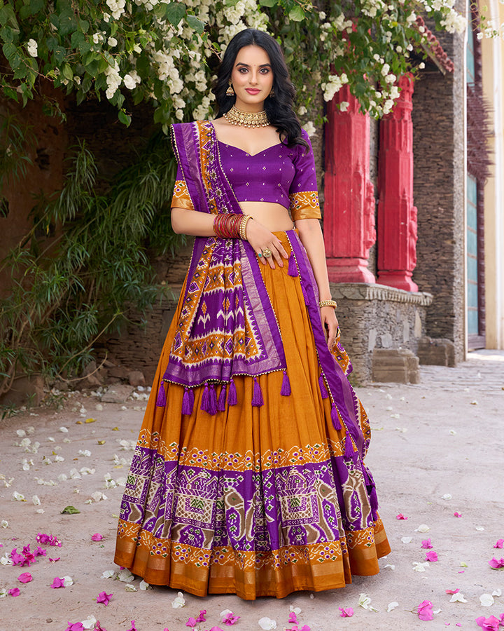 Designer Patola Printed Mustard Color Tussar Silk Lehenga Choli