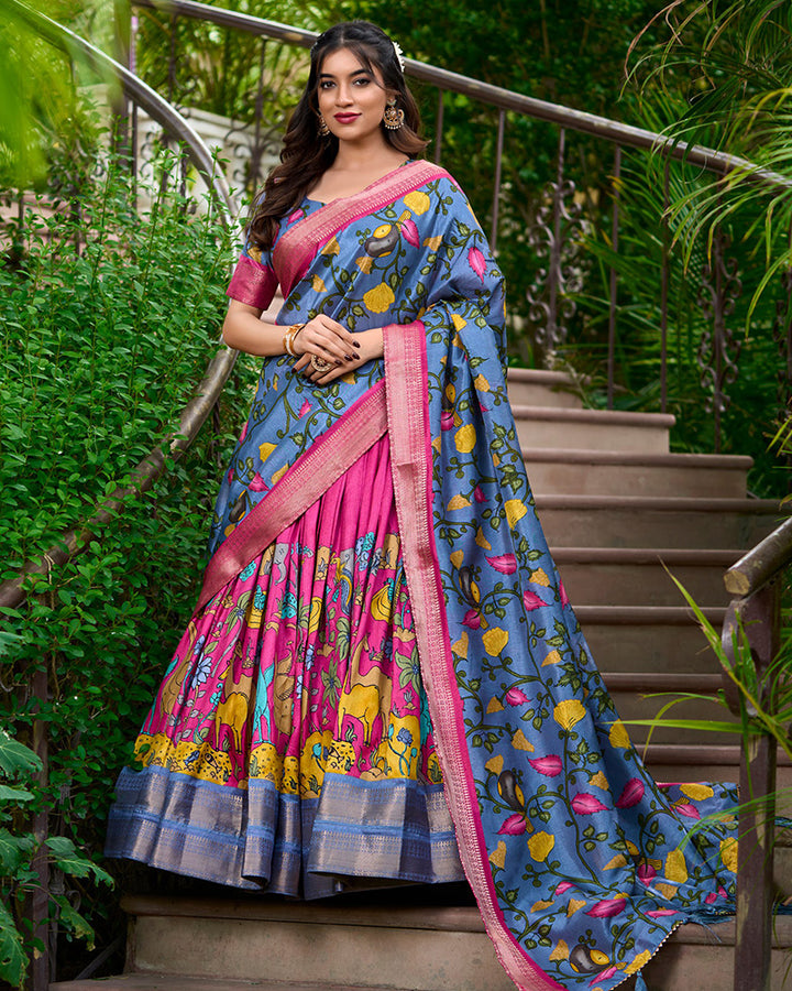 Pink Color Dola Silk Designer Kalamkari Print Lehenga Choli