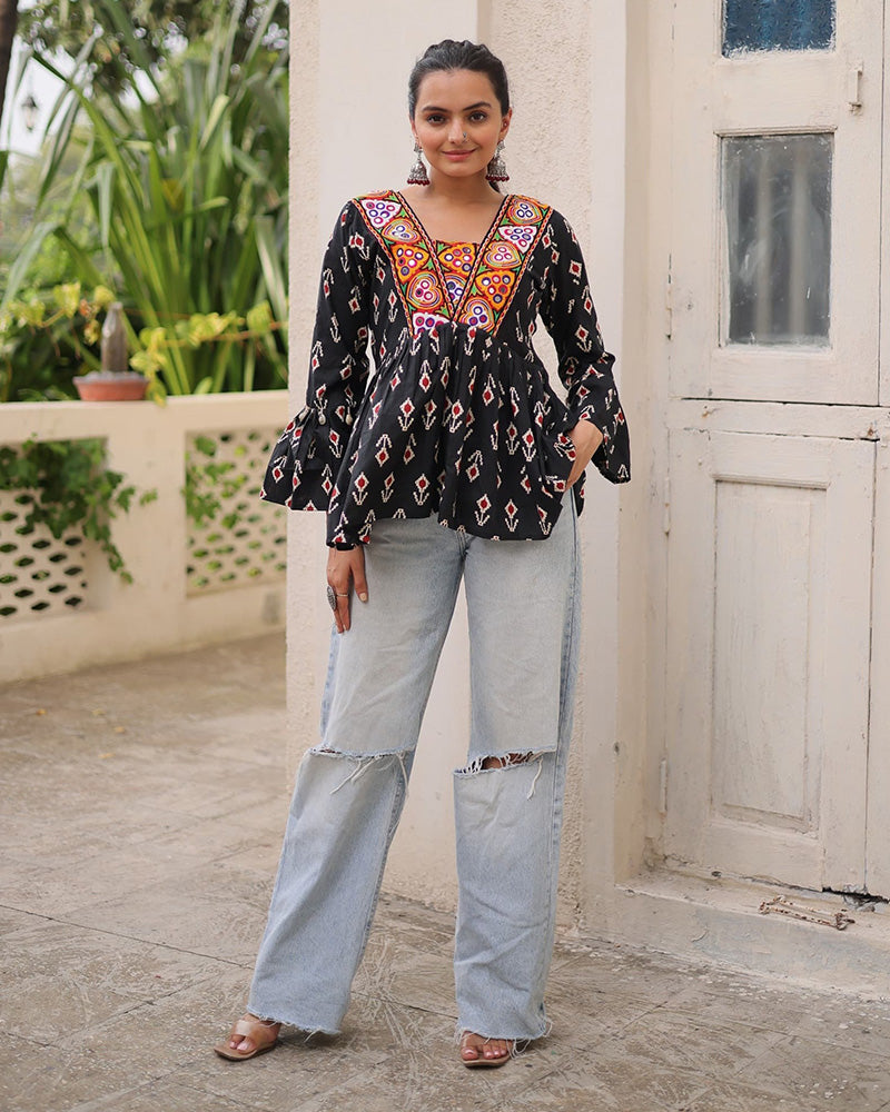 Black Color Cotton Printed Navratri Kediya