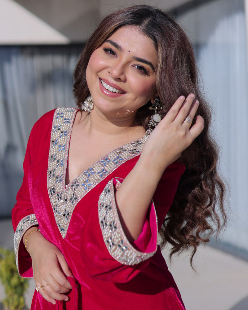 Rani Pink Color Ice Velvet Embroidered Plazzo Suit