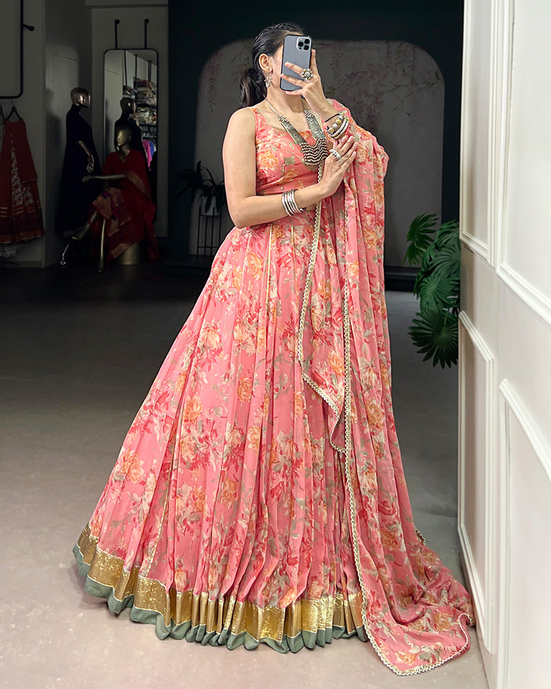 Peach Color Chiffon Printed Lehenga Choli