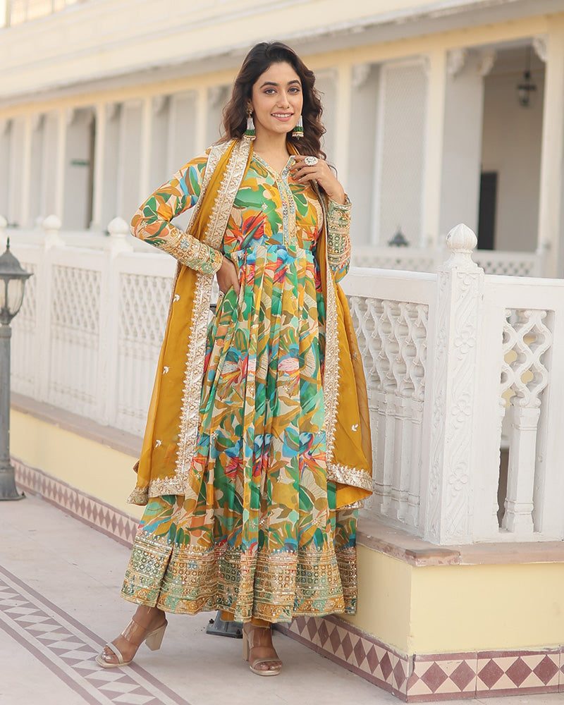 Wedding Wear Floral Embroidered Yellow Color Alia Cut Gown With Dupatta