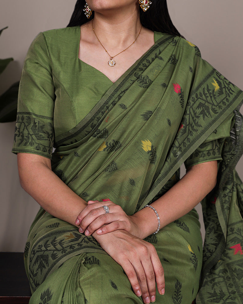 Mehndi Color Thread Weaving Poly Cotton Saree