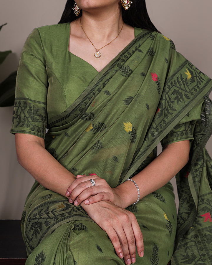 Mehndi Color Thread Weaving Poly Cotton Saree