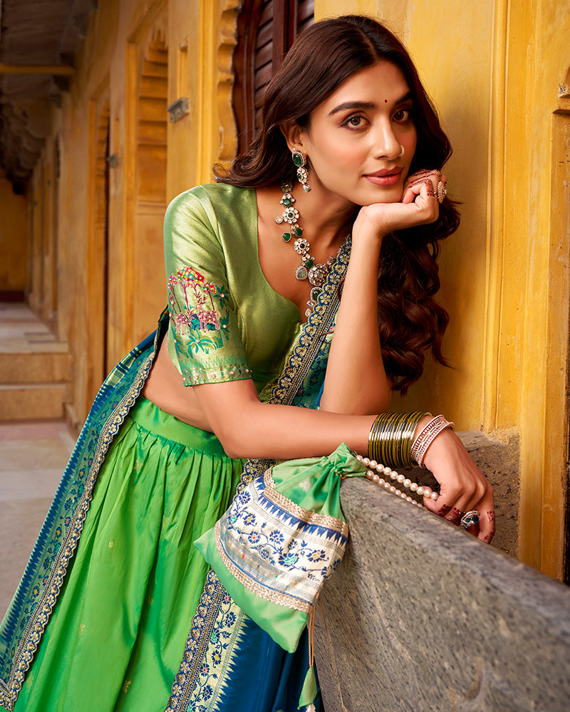 Parrot Green Color Soft Silk Paithani Lehenga Choli