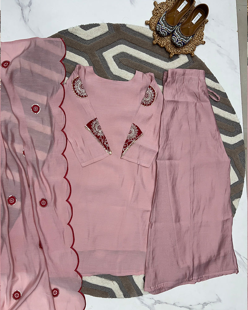 Baby Pink Color Roman Chanderi Plazzo Suit
