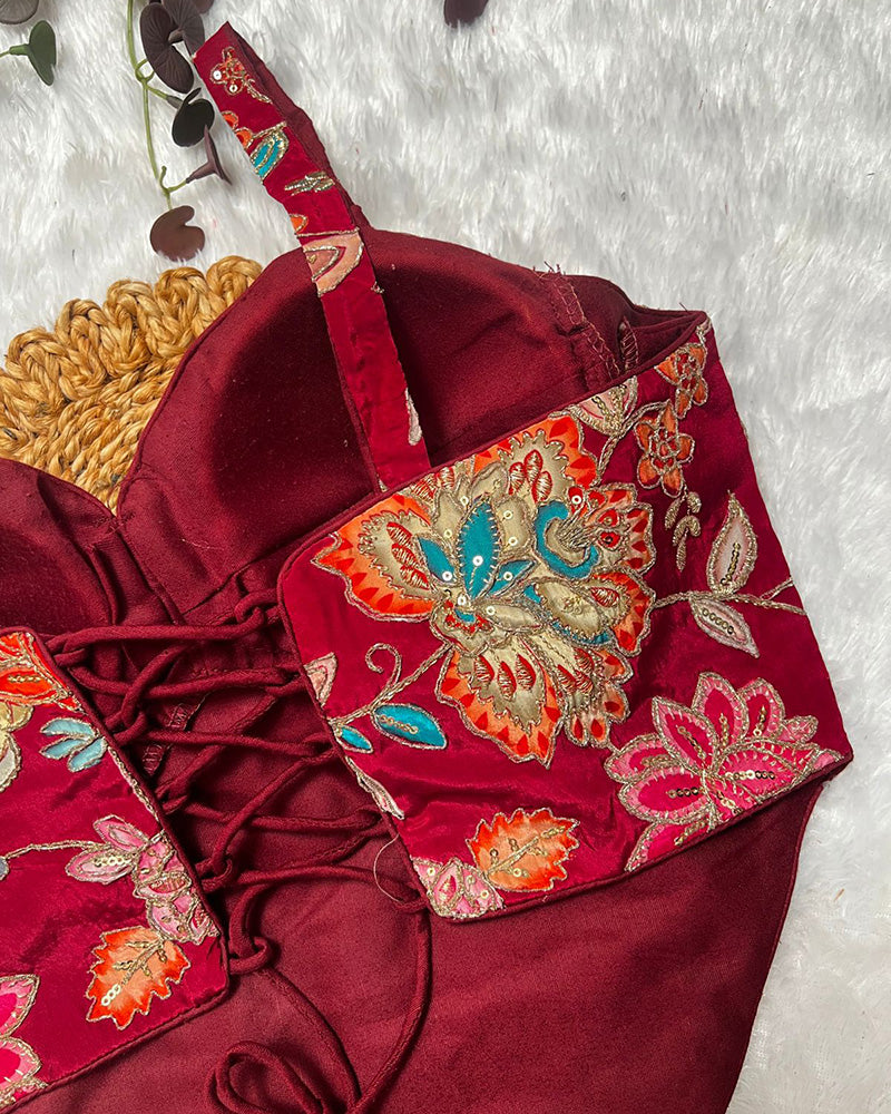 Maroon Color Rumali Silk Embroidered Spaghetti Blouse