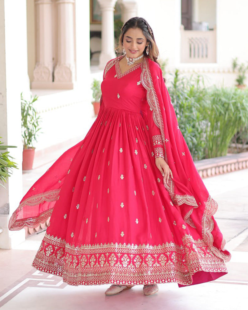 Bright Pink Vichitra Silk Sequence Embroidered Gown