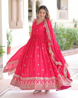 Bright Pink Vichitra Silk Sequence Embroidered Gown