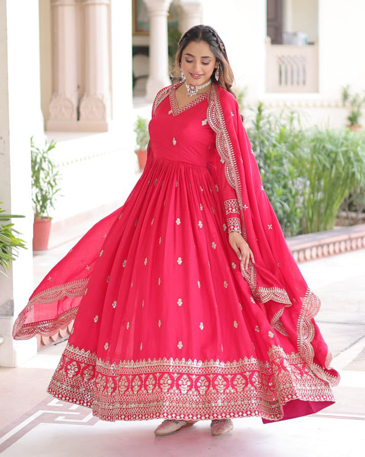 Bright Pink Vichitra Silk Sequence Embroidered Gown