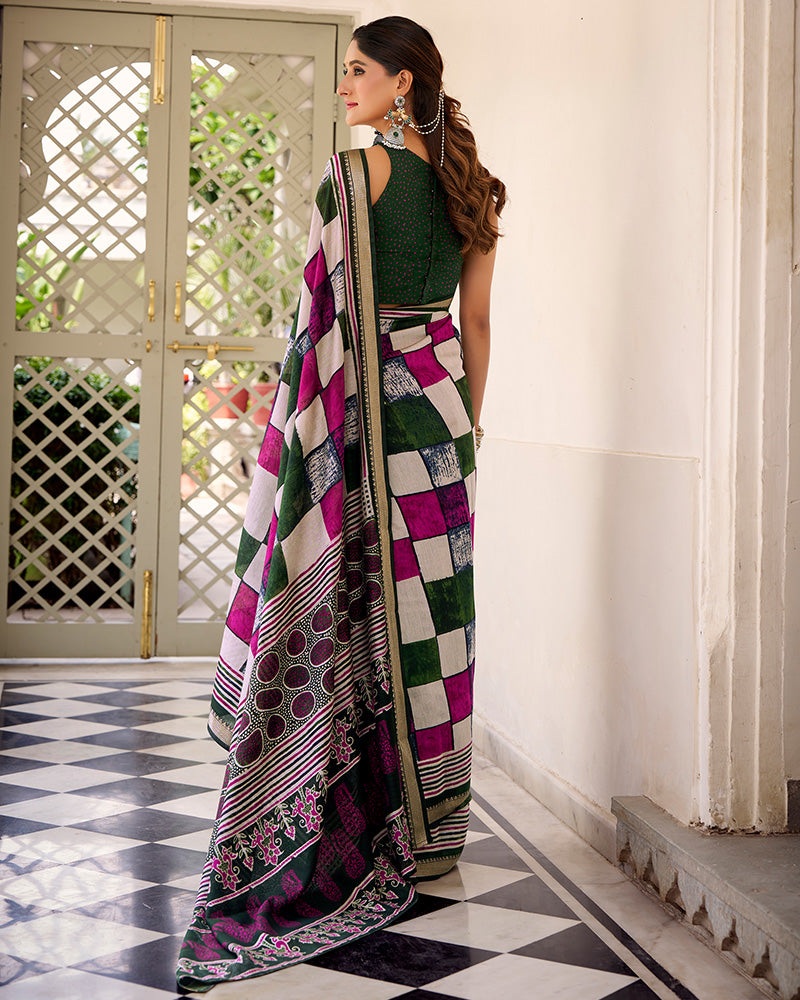 Green Color Polyester Chanderi Printed Saree