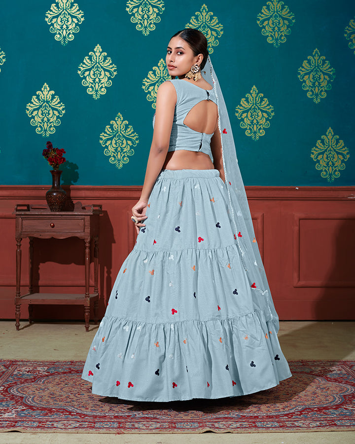 Sky Blue Color Thread Embroidered Cotton Semi Stitched Lehenga Choli