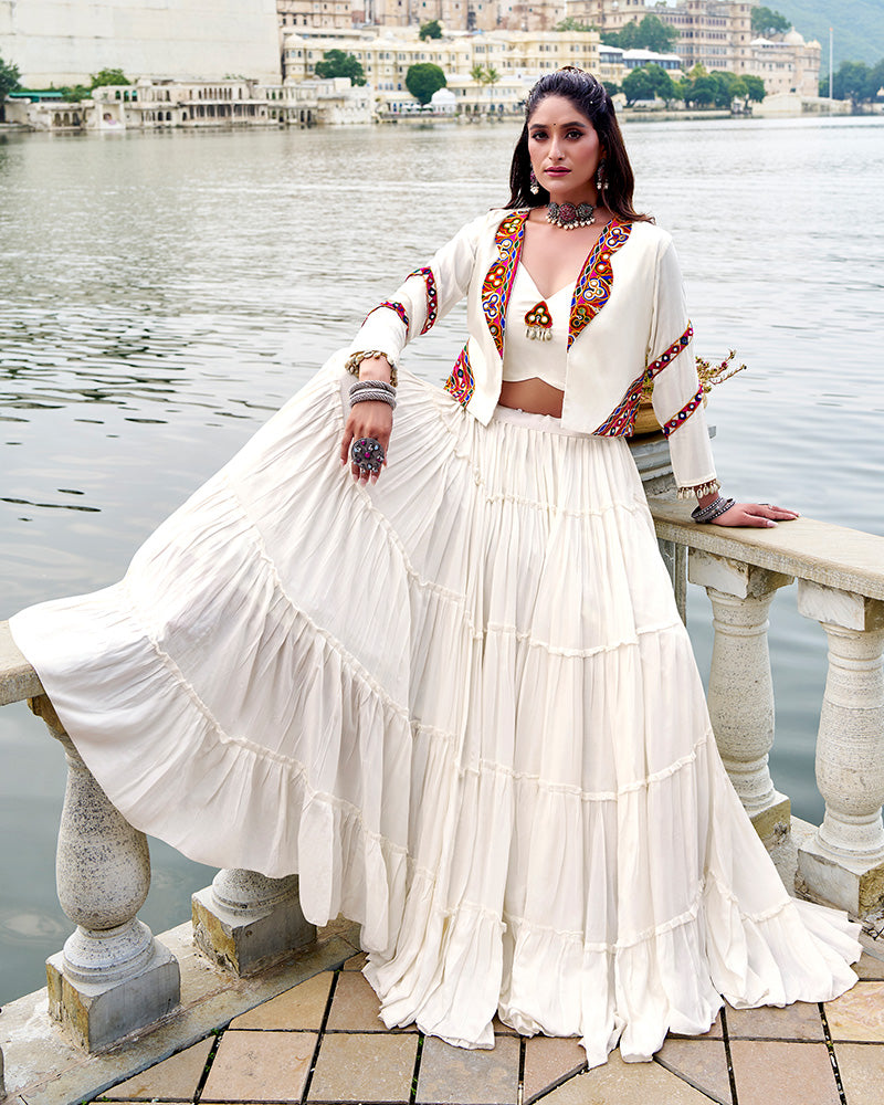 Elegant White Color Pure Rayon Navratri Lehenga Choli