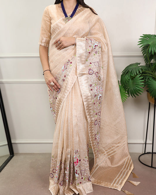 Cream Color Embroidered Kota Tissue Saree