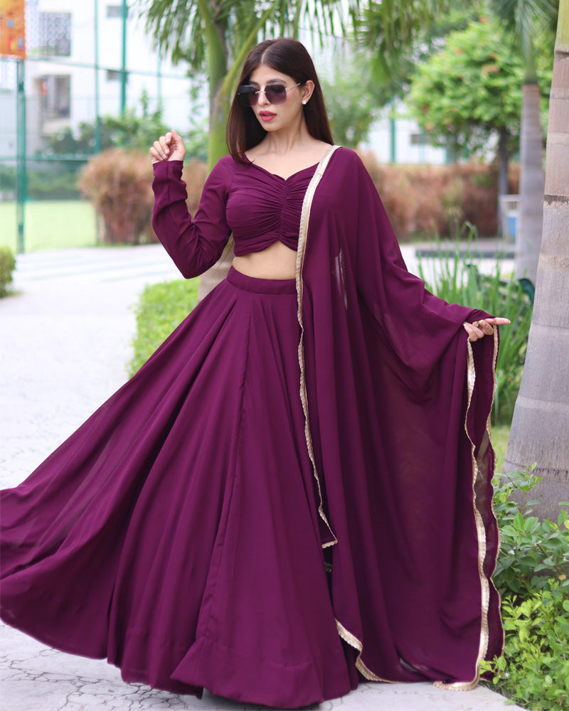 Wine Pure Soft Georgette Full Stitched Lehenga Choli