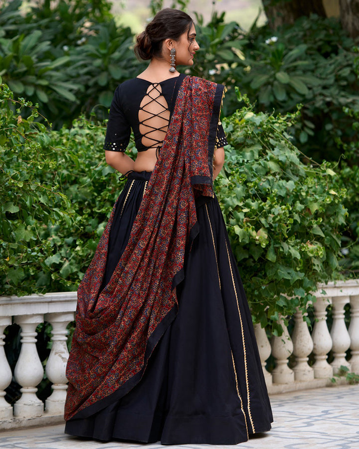 Black Color Cotton Plain Navratri Lehenga Choli