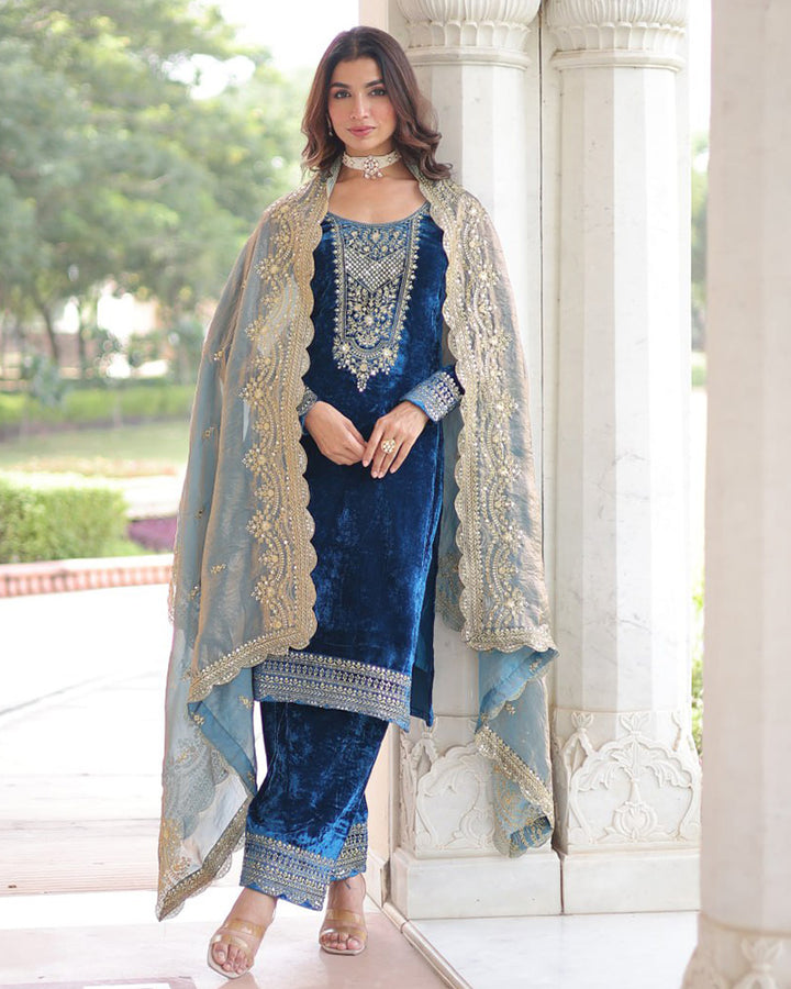Morpich Color Velvet Three Piece Kurti Suit