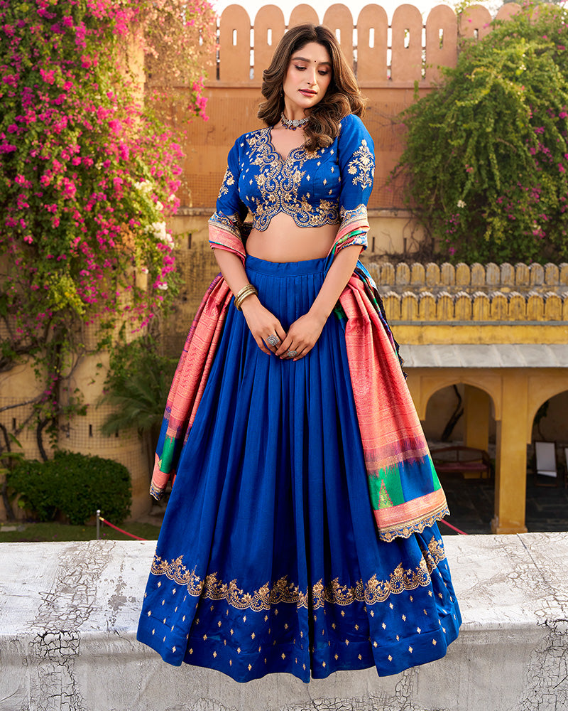 Designer Royal Blue Color Vichitra Silk Embroidered Lehenga Choli
