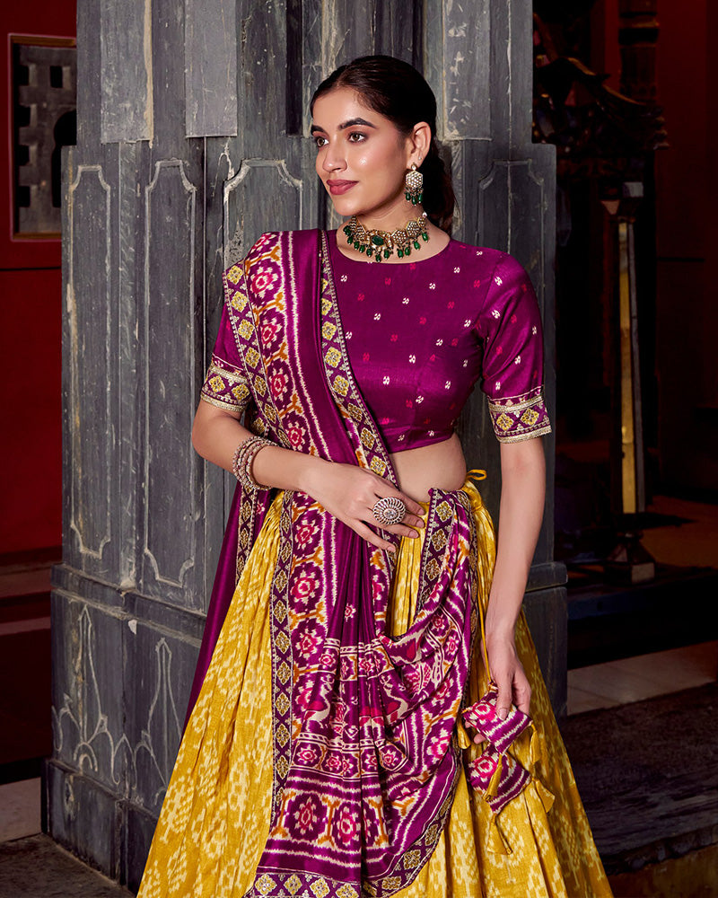 Yellow And Maroon Ikkat Printed Tasar Silk Lehenga Choli