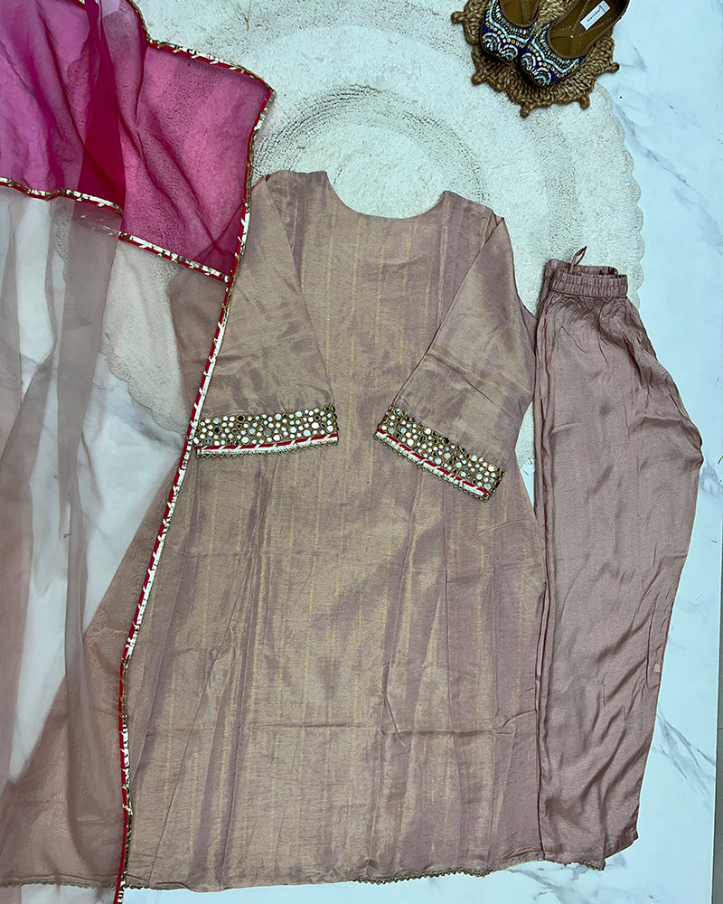 Pink Color Shimmer Silk Three Piece Kurti Suit