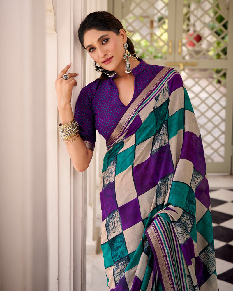 Purple Color Polyester Chanderi Printed Saree