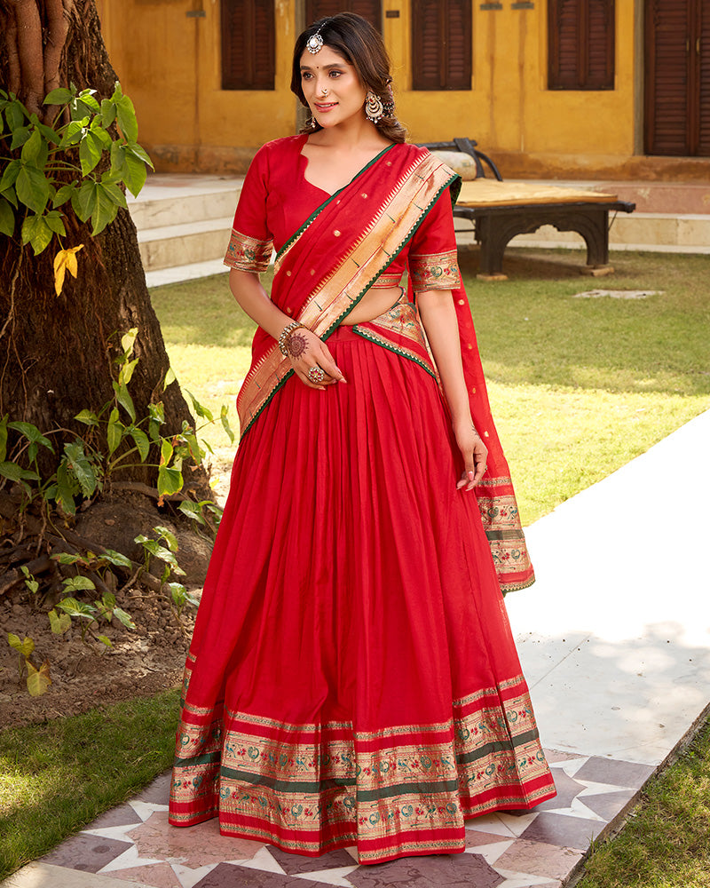 Red Color Pure Nylon Chanderi Plain Half Saree