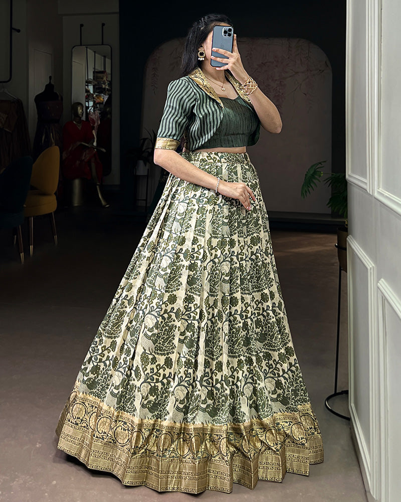 Green Color Tasar Silk Viscose Printed Lehenga Choli