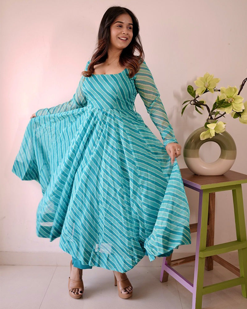 Firozi Color Laheriya Print Tabby Organza Anarkali Suit