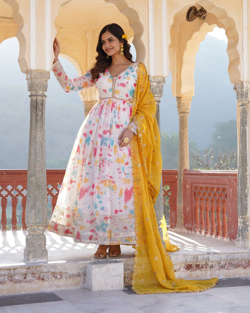 Wedding Wear Floral Embroidered White Color Gown With Dupatta