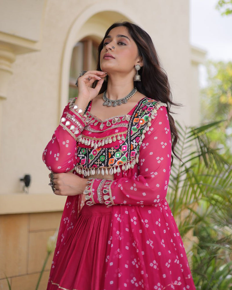 Pink Color Bandhani Printed Kurti With Kora Cotton Lehenga Choli