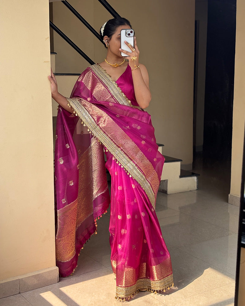 Rani Pink Color Banarasi Organza Tissue Silk Saree
