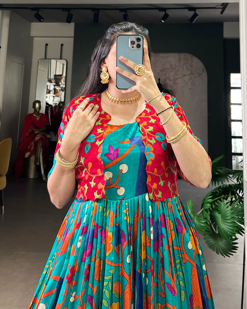 Firozi Color Tasar Silk Printed Gown With Koti