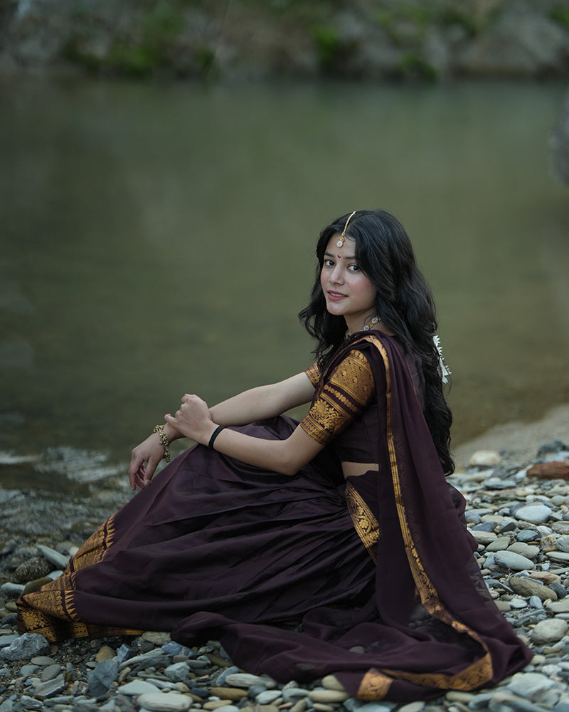 Dark Brown Color Kanjivaram Silk Zari Weaving Half Saree