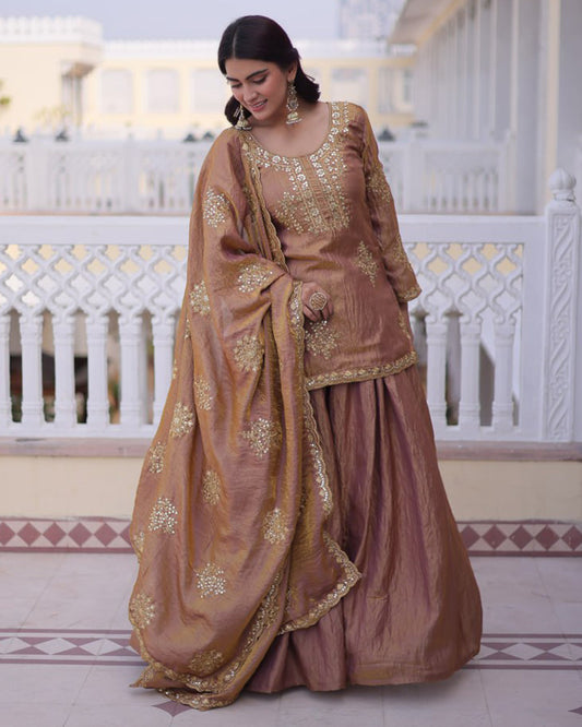 Chikoo Color Fendi Crush Embroidered Plazzo Suit