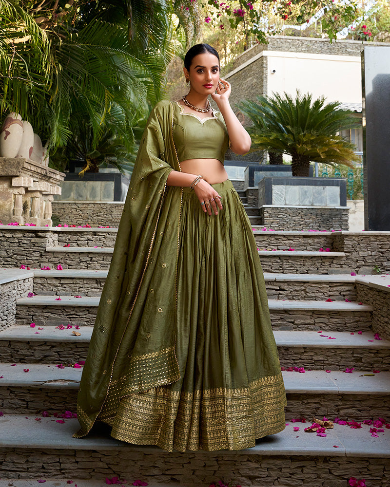 Mehndi Color Pure Chanderi Plain Navratri Half Saree