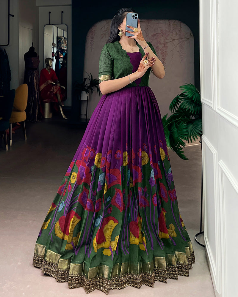Purple Color Viscose Chanderi Floral Printed Gown
