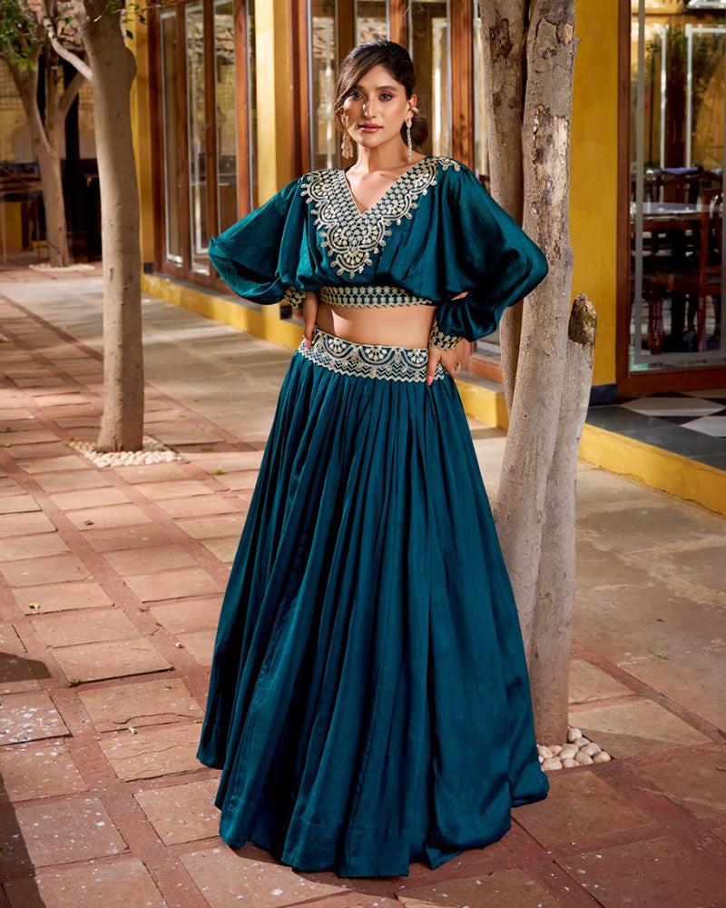Peacock Blue Color Vichitra Silk Embroidered Lehenga Choli
