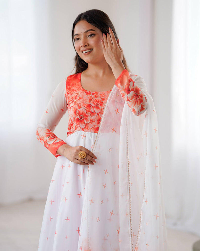 Orange Color Flower Print Tabby Organza Anarkali Suit