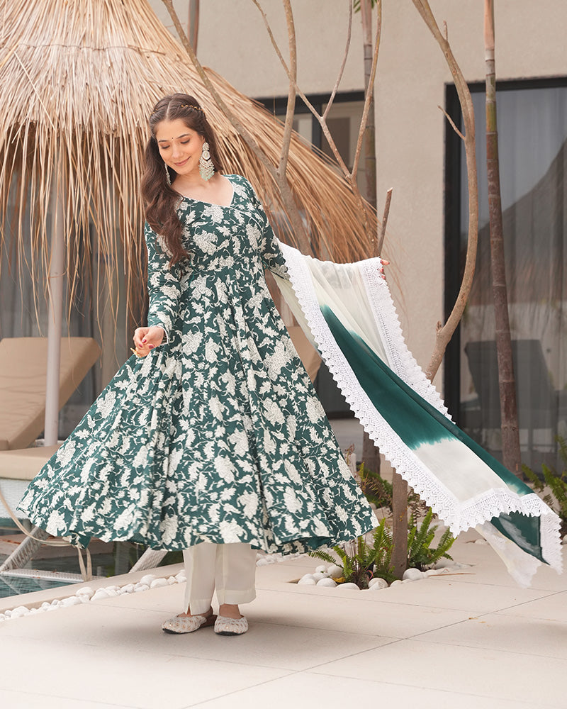 White And Green Color Floral Printed Cotton Anarkali Suit