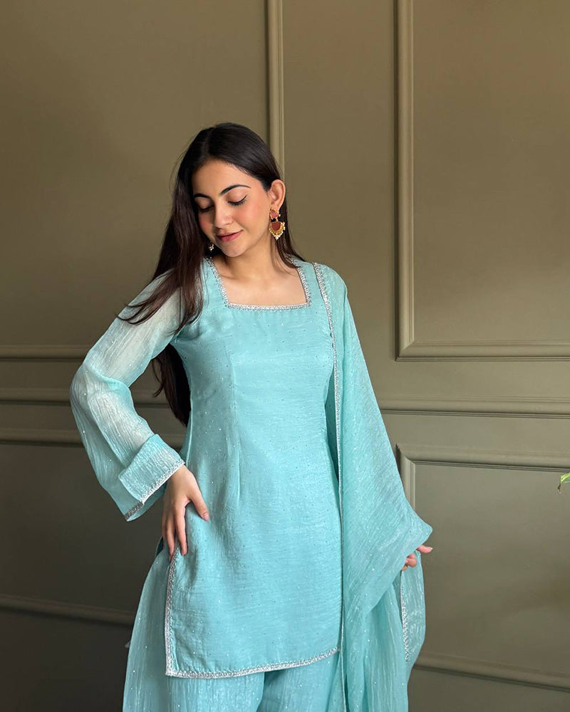 Sky Blue Color Crunchy Silk Farshi Suit